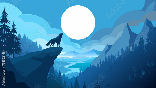 Wolf howling at the moon in mountains view