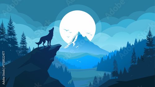 Wolf howling at the moon in the mountains