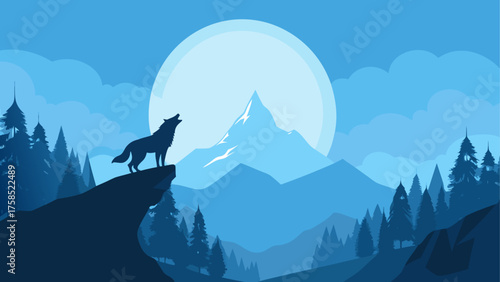 Silhouette wolf howling at the full moon