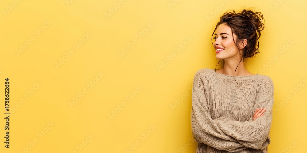 © Evodigger - Model's head raised and looking forward,smiling,arms crossed,copy space,yellow background,banner
