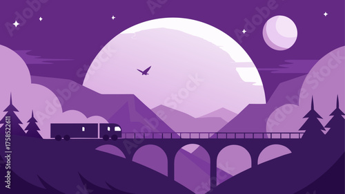 Train crossing bridge at night scenery