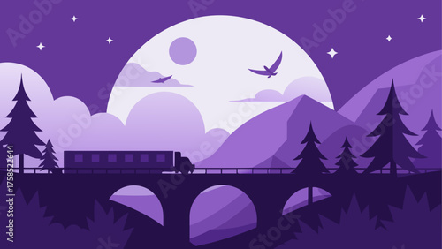 Train crossing bridge in night landscape