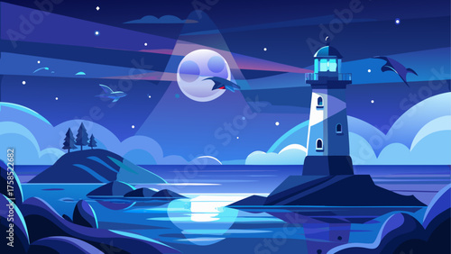 Lighthouse scene at night with full moon