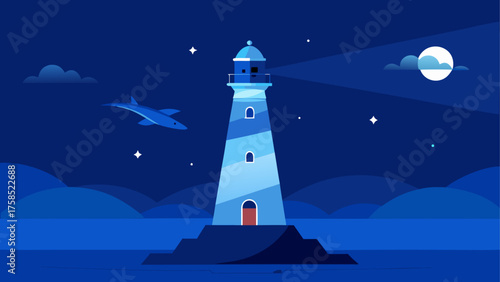 Lighthouse at night with airplane and moon