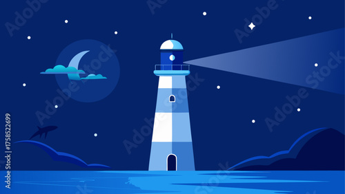 Lighthouse shines brightly in the night