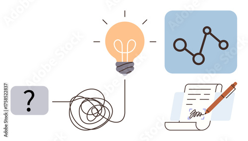 Question mark linked to tangled line leading to lightbulb, graph, and signed document. Ideal for problem-solving, creativity, progress, analytics, decision-making research and innovation. Simple