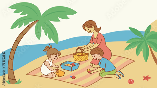 Vector art of family enjoying a picnic on the beach, a mother and two children spending time together in summer