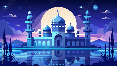 Mosque illuminated under moonlight at night