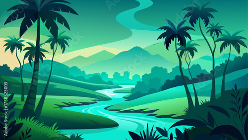 Tropical landscape with river and palms
