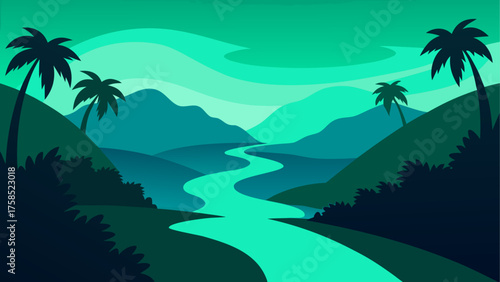 Landscape with river and palm trees view