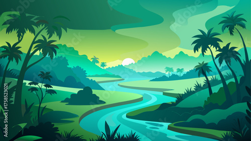 Tropical river landscape with palm trees
