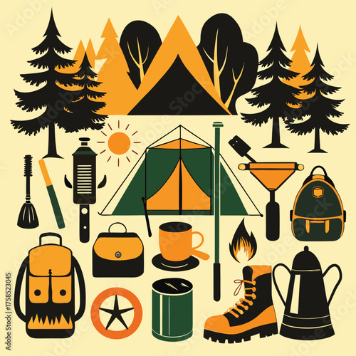 camping and outdoor equipment silhouette set.eps