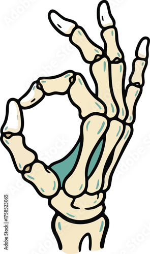 Cartoon Skeleton Hand Making OK Gesture Halloween Themed Illustration