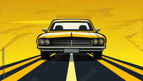 Black car on yellow road front view art