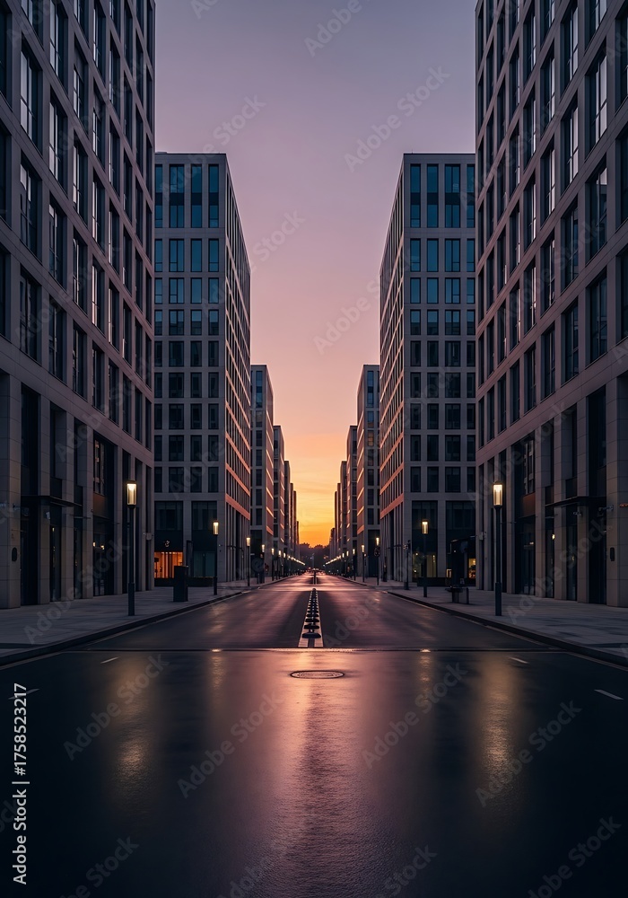 Fototapeta premium Symmetrical city street framed by modern architecture at twilight time