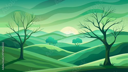 Green landscape with trees and rolling hills