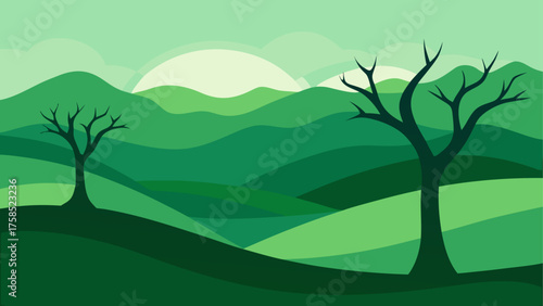 Green landscape with trees and mountains