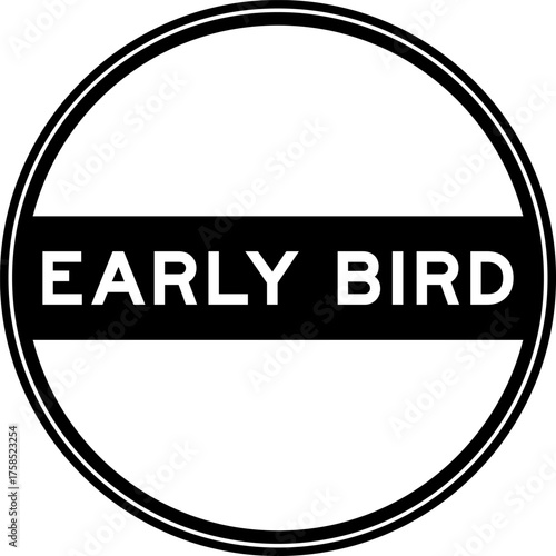 Black color round seal sticker in word early bird on white background