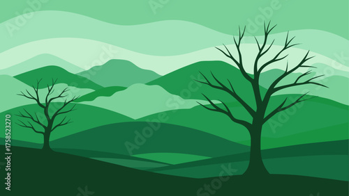 Green landscape with trees and mountains