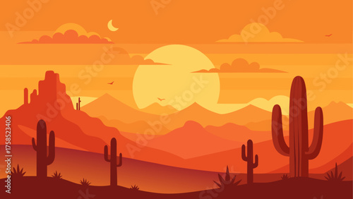 Sunset over the desert with cactus plants