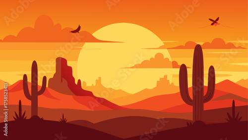 Desert landscape with cacti at sunset time
