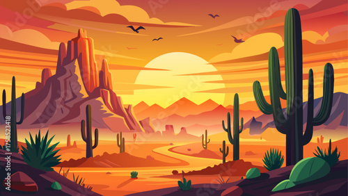 Sunset over the desert with cactus and birds
