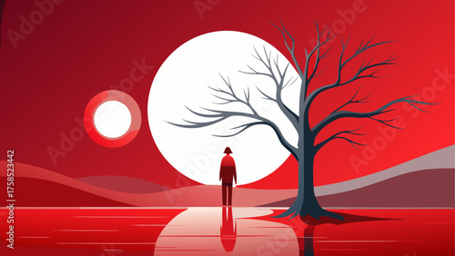 Silhouette person near a tree and moon art