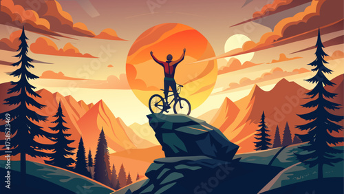 Mountain biker on peak with sunset scene
