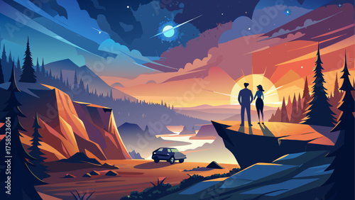 Couple standing on a cliff at sunset time