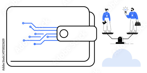Digital wallet with circuit design reflecting technology, two professionals on scale balancing value and innovation. Ideal for fintech, e-commerce, digital economy, decision-making, innovation