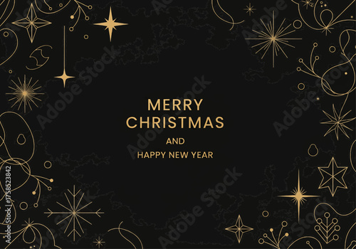 Elegant Christmas and New Year Greeting Card with Gold Ornament and Stars on Black Background