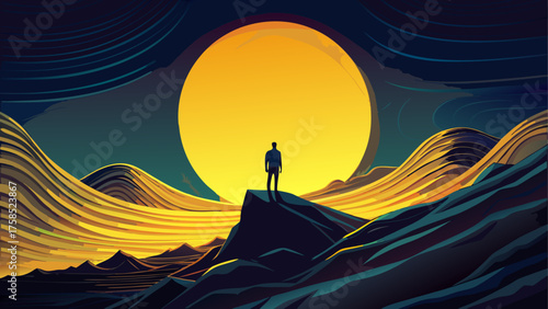 Silhouette person under a large yellow sun