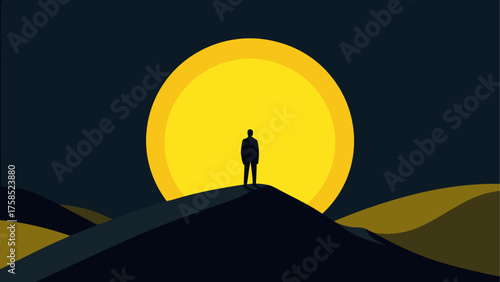 Silhouette person on cliff with big sun set