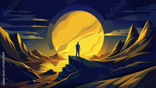 Silhouette standing before a large sun set