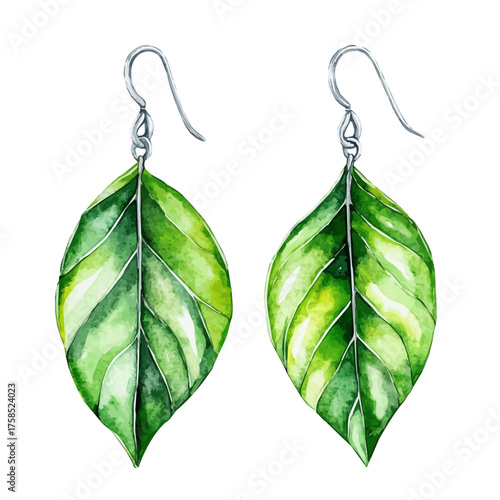Leaf Earrings, watercolor clipart vector, isolated on a white background.