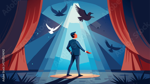 Magician performing on stage with birds