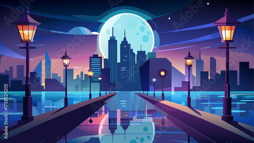 City skyline at night with full moon view