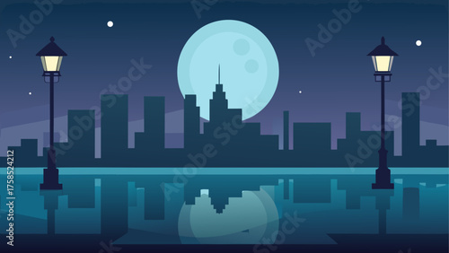 Night scene with moon and city silhouette