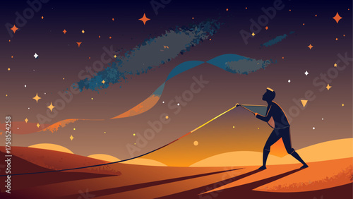 Silhouette man pulling ball under stars