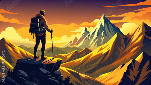 Silhouette hiker on mountain top at sunset