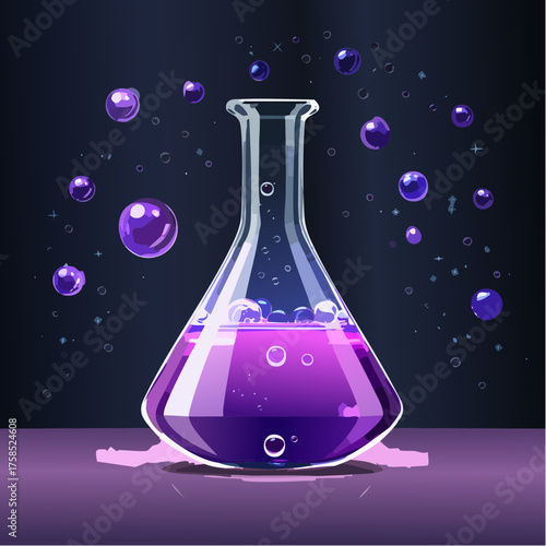 Dramatic vector illustration of an Erlenmeyer flask filled with bubbling purple liquid, glowing with vivid highlights and dynamic contrast for a bold scientific or fantasy-themed design
