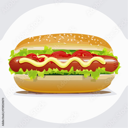 Vector illustration of a hotdog filled with sausage, lettuce, and mayonnaise on a clear white background. Bright, detailed, and perfect for food and menu designs.
