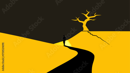 Silhouette on path to barren tree at dusk