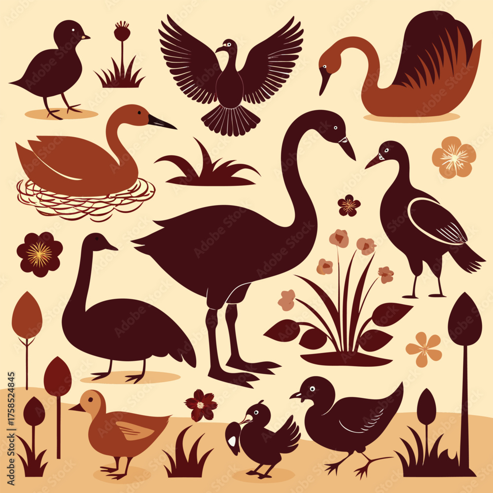 Fototapeta premium swan and duck silhouette collection (1).eps