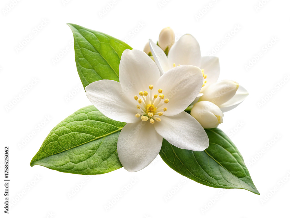 Obraz premium Beautiful White Jasmine Flowers with Lush Green Leaves on a Clean Background
