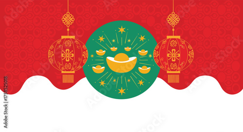 Celebrating Chinese new year with festive decorations and symbols of prosperity.