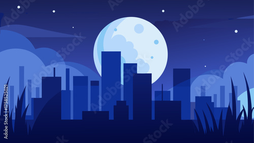 City skyline under the moonlight at night