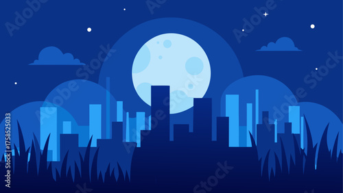 City skyline at night with a full moon