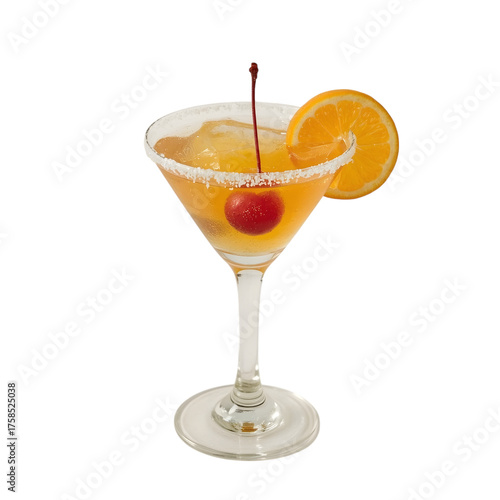 Inviting Cocktail: A refreshing cocktail with a vibrant orange slice garnish and a luscious cherry nestled within, creating a perfect blend of flavors and visual appeal.