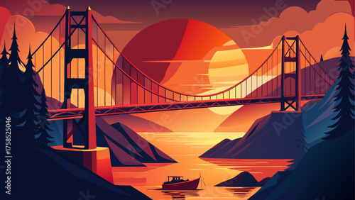 Golden gate bridge at sunset illustration